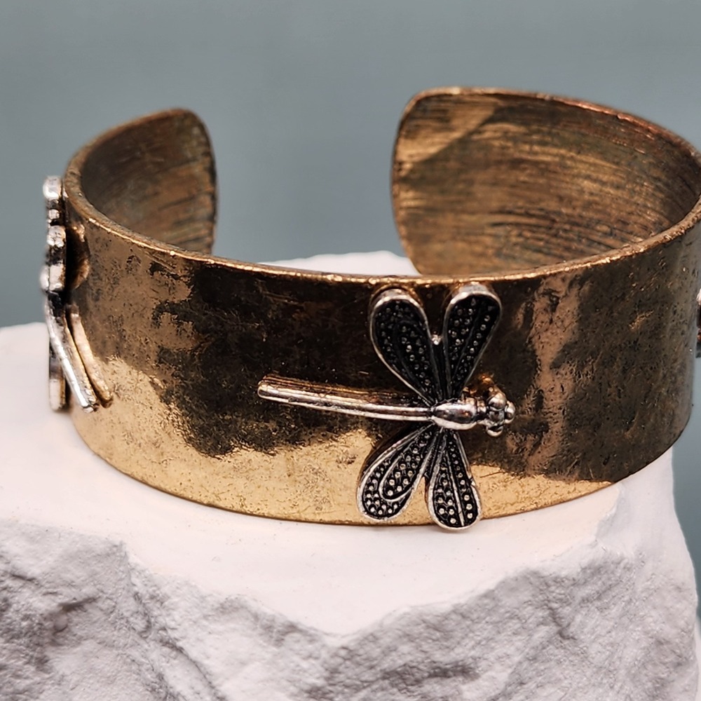 Antiqued Gold Tone Wide Cuff Bracelet Silver Tone Dragonfly Motif Boho Statement